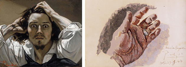 [left] Gustave Courbet, The Desperate Man (Self-Portrait), 1843-1845. Private Collection, Image: HIP / Art Resource, NY [right] Pablo Picasso, Study of a Hand (The Hand of the Artist), 1920. Private Collection, © 2021 Estate of Pablo Picasso / Artists Rights Society (ARS), New York